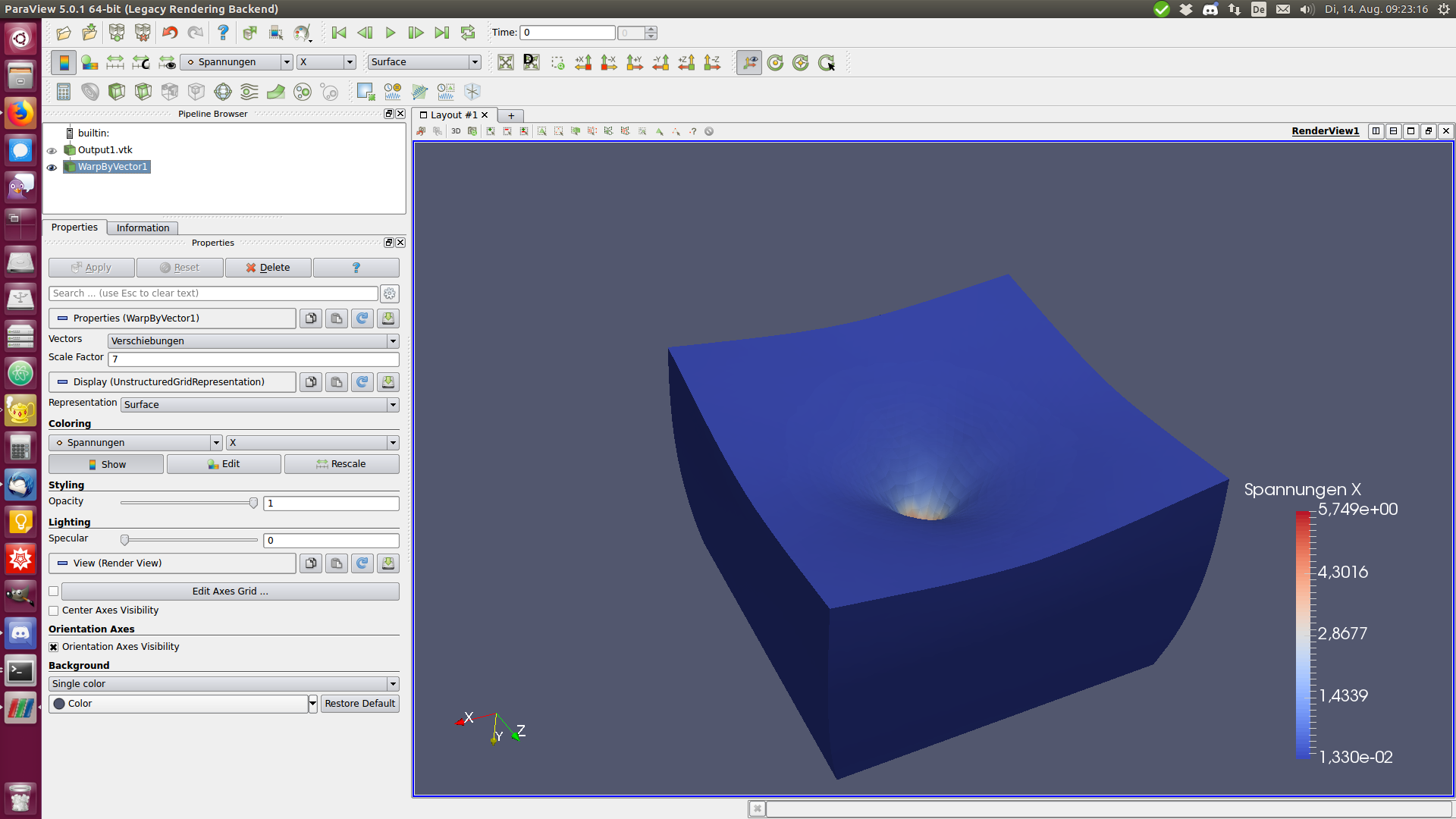 Paraview showing deformed state and stress for an indentation test